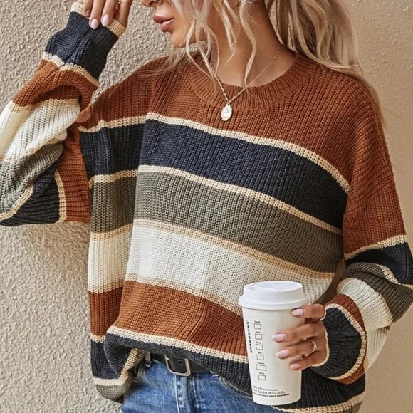 Cozy Color Block Knit Oversized Sweater Top - Picture 3 of 8